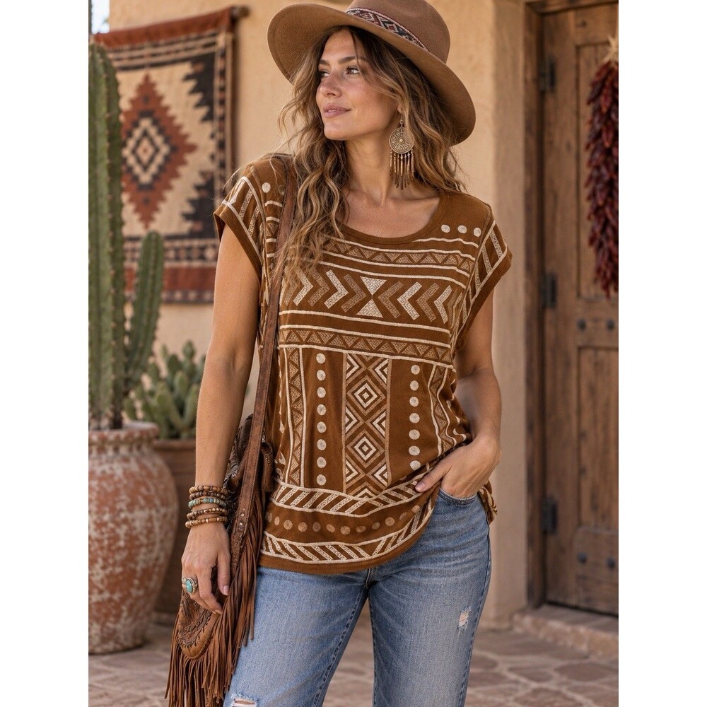 Savanna Jane Top Medium Tan Embroidered Southwest Boho Sleeveless Faux Suede